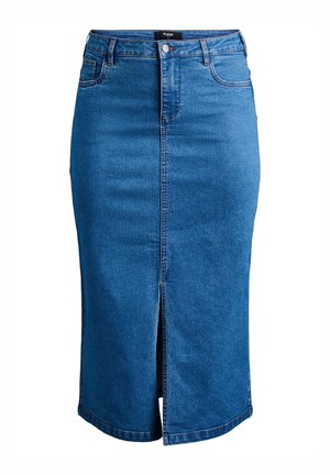 Tumed sinise denimi pliiatsiseelik, mis on varustatud esise lõhe, nööpkinnituse ja viie taskuga. Omab keha lähedast siluetti ja sujuvat tekstuuri.