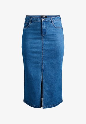 Denim kokerrok in donkerblauw met een voorknel, knoopsluiting en vijf zakken. Heeft een getailleerde silhoët en een gladde textuur.