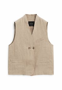 Beige linneväst med V-ringning, dubbelknäppning och två fickor. Har en texturerad tyg och en minimalistisk design.