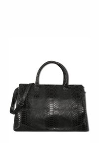 Zwarte neplederen handtas met een getextureerd reptielhuidpatroon, dubbele korte handgrepen en een afneembare schouderriem.