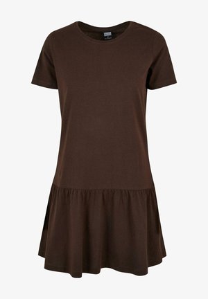 Brūns īsām piedurknēm kleita, izgatavota no mīksta kokvilnas, ar noapaļotu kakla izgriezumu un izplešamu frill apakšmalu. Gluda tekstūra, ikdienišķs dizains.