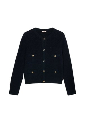 Marineblauer Cardigan aus strukturiertem Stoff, ausgestattet mit zwei vorderen Taschen und goldfarbenen Knöpfen in der Mitte. Rundhalsausschnitt.