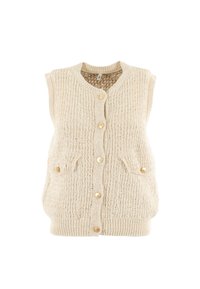 Chaleco de punto beige con escote en V, mangas cortas y cierre de botones. Presenta dos bolsillos frontales y dobladillo acanalado. Material texturizado con un diseño casual.