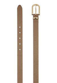 Ceinture en cuir brun avec boucle rectangulaire dorée et cinq trous d'ajustement, présentée à plat sur un fond blanc.