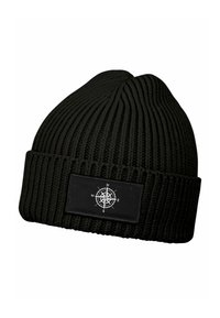 Black knitted beanie with vertical ribbing. Features a rectangular black patch with a white compass design and directional indicators.