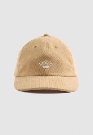 Tan corduroy cap with a curved brim and embroidered “LEVI'S” logo on the front. Features six ventilation holes, seamless design.