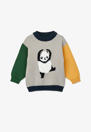 Grå strikkegenser med fargede ermer i grønn og gul. Har et panda-design i svart og hvitt i midten. Ribbestrikket krage og mansjetter.