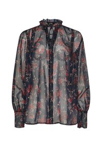 Durchsichtige Bluse mit Blumenmuster, rüschigem Ausschnitt, langen Ärmeln mit gerafften Manschetten, Knopfschluss und einem dunkelblauen Hintergrund mit roten Blumen.
