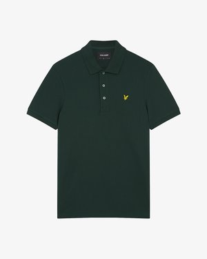 Tricou polo verde închis din bumbac, cu un plastron cu două nasturi și un mic logo galben cu un vultur pe partea stângă a pieptului.