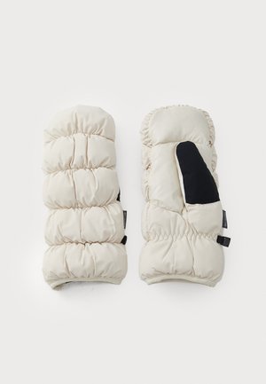Mittens imbottiti di colore crema con una texture morbida e polsini elastici. Una manica presenta un accentuazione nera sul pollice e sul lato. Incluso cinturino regolabile.