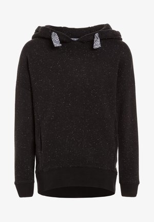 Sort hættetrøje lavet af blødt stof, med en spraglet tekstur, snorede detaljer og ribbede manchetter.