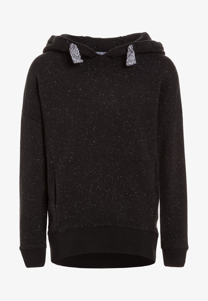 Sweatshirt à capuche noire en tissu doux, avec une texture tachetée, des accents de cordon de serrage et des poignets côtelés.