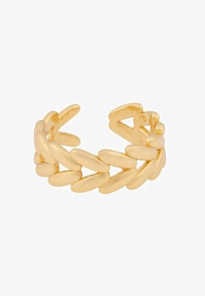 Goldfarbener Ring mit einem verlinkten Design aus länglichen, ovalen Elementen, glatter Textur, offenem Rücken zur Anpassbarkeit.