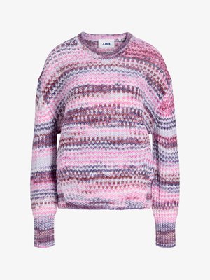 Paksult kootud kampsun horisontaalsete triipudega roosa, lilla, valge ja pruunide toonidega, ümar kaelus ja pikad varrukad.