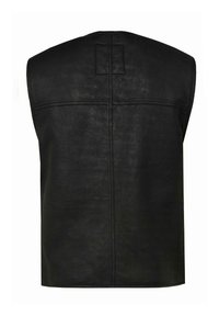 Schwarze Lederweste mit ärmellosem Design, die über saubere Nähte, ein quadratisches Patch auf dem Rücken und eine glatte, matte Textur verfügt.