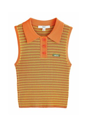 Varrukateta oranžikas-kollane soonikkoes polo-särk, millel on kolm nööpi ja väike esiküljel asuv logoplaat.