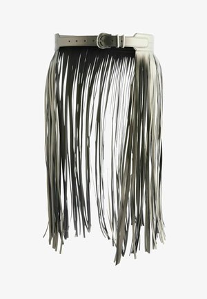 Fringe leather skirt with a solid belt, featuring long, vertical strips in a muted gray color. Smooth texture and adjustable buckle detail.