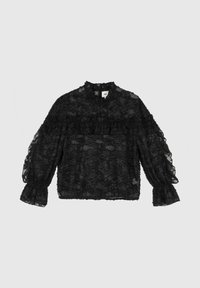 Blouse noire transparente avec un motif floral, des accents volants, un col haut et des manches bouffantes. Fabriquée en tissu léger et texturé.