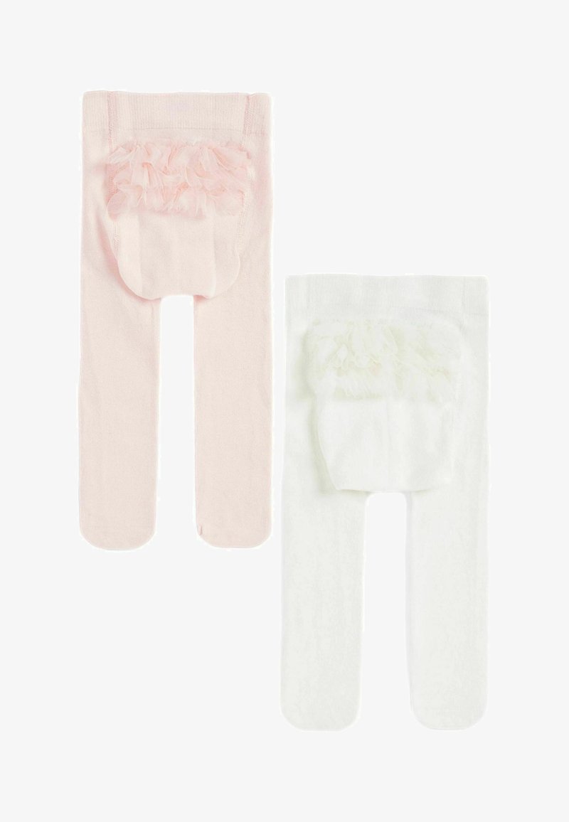 Zwei Strumpfhosen: eine pinkfarbene mit einem sanften Rüschendetail und eine weiße mit einem ähnlichen Rüschendetail, beide aus dehnbarem Stoff.