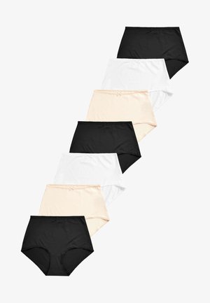 Septyni aukšto liemens apatiniai; juodos, baltos ir nude spalvos; lygus audinys; kiekvienas su paprastu juosmeniu.