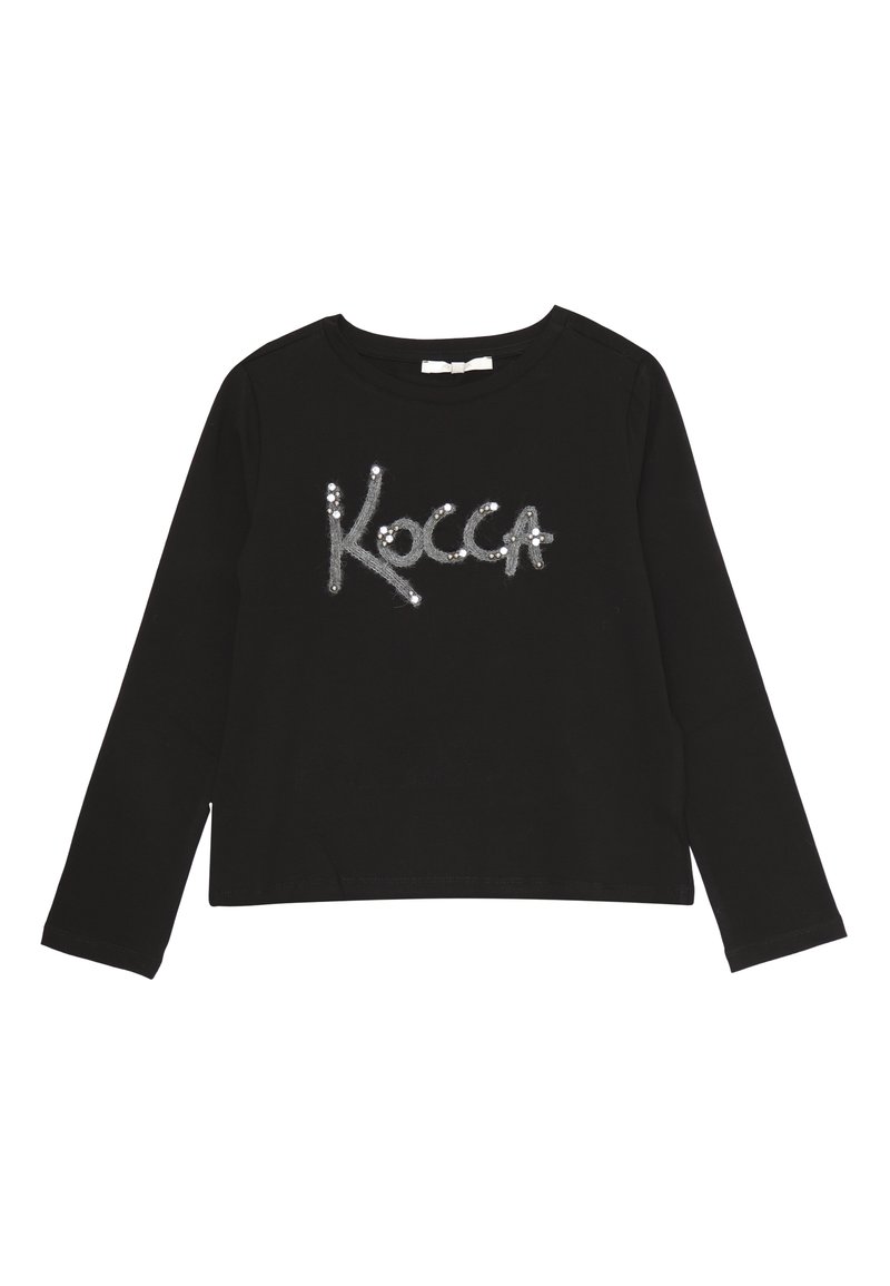 Maglietta nera a maniche lunghe in cotone con scollo rotondo. Presenta "Kocca" in paillettes argento sul davanti, texture liscia e vestibilità regolare.