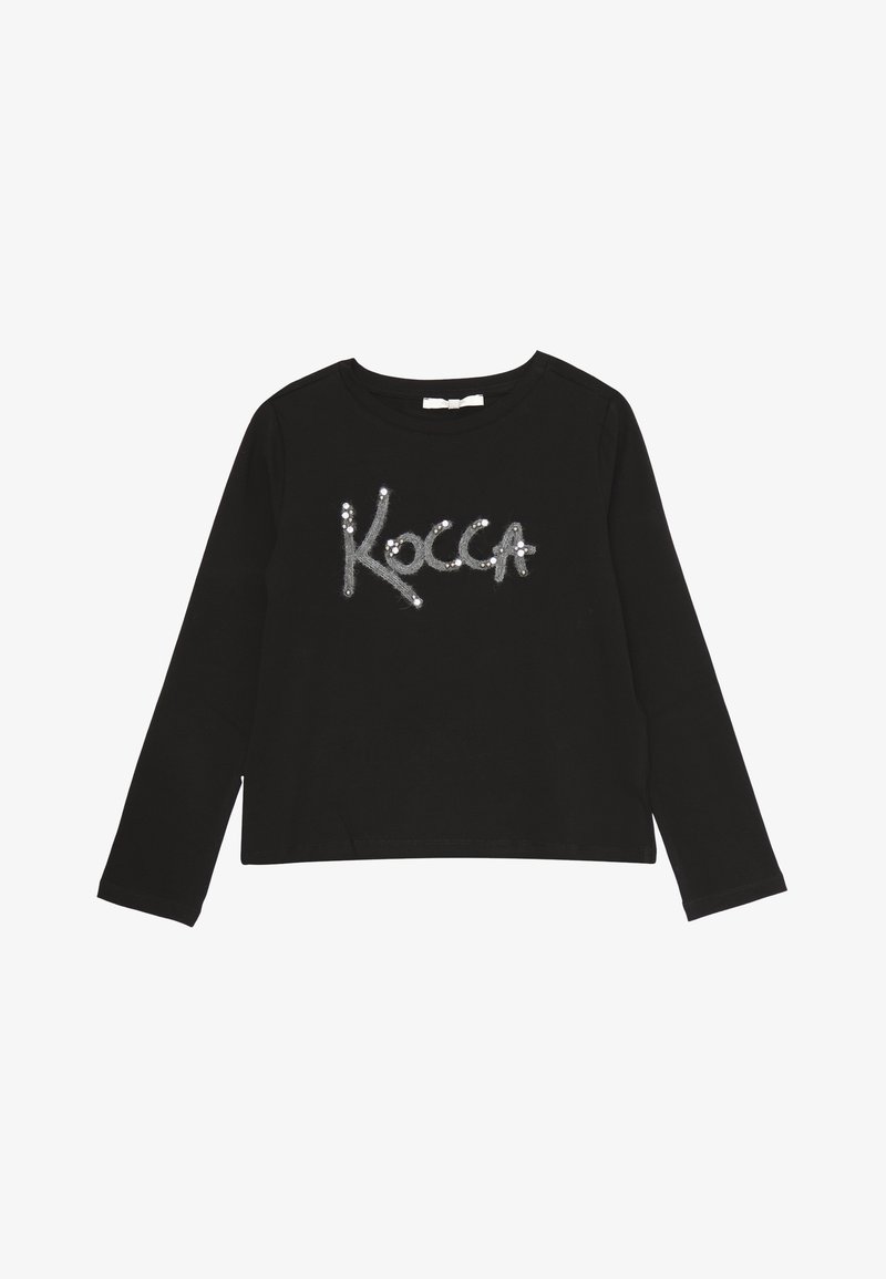 Maglietta nera a maniche lunghe in cotone con scollo rotondo. Presenta "Kocca" in paillettes argento sul davanti, texture liscia e vestibilità regolare.