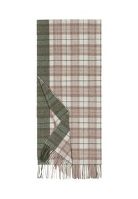 Gewebter Karoschal in einem grünen, beigefarbenen und weißen Farbschema. Mit fransigen Kanten fertiggestellt; weiche Textur, rechteckige Form.