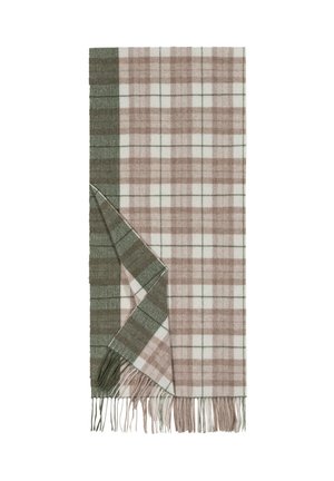 Gewebter Karoschal in einem grünen, beigefarbenen und weißen Farbschema. Mit fransigen Kanten fertiggestellt; weiche Textur, rechteckige Form.