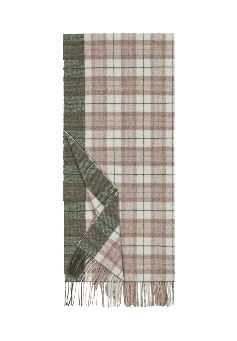 Gewebter Karoschal in einem grünen, beigefarbenen und weißen Farbschema. Mit fransigen Kanten fertiggestellt; weiche Textur, rechteckige Form.