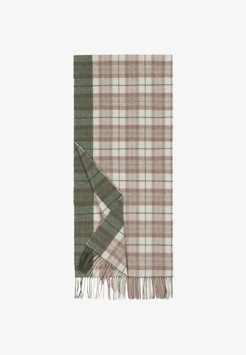 Gewebter Karoschal in einem grünen, beigefarbenen und weißen Farbschema. Mit fransigen Kanten fertiggestellt; weiche Textur, rechteckige Form.