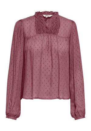 Blouse mauve à manches longues avec des pois texturés, un bord en dentelle à encolure en V, un empiècement froncé et des poignets élastiques.