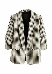 Kostkovaný blejzr s černobílým gingham vzorem, přizpůsobený střih s jedním knoflíkem a dvěma předními kapsami.