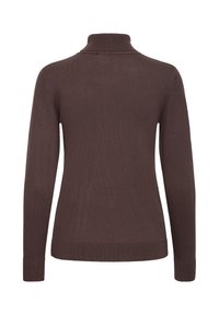 Pull à col roulé marron foncé à manches longues avec col, poignets et ourlet côtelés, vu de dos.