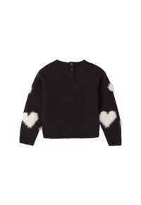 Maglione a maglia marrone scuro con morbidi accenti a forma di cuori bianchi sulle maniche e chiusura con bottone sul retro.