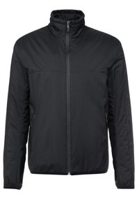 Černá zateplená bunda s vysokým límcem, plným zipem, bočními kapsami a decentním brandingem na rukávech. Vyrobena z hladkého, lehkého materiálu.