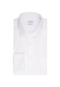 Camicia bianca in tessuto texturizzato, con colletto classico, chiusura a bottoni frontale e taschino singolo sul lato sinistro.