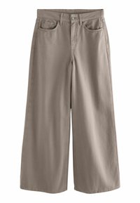 Pantaloni a gamba larga di un leggero taupe, realizzati in morbido cotone. Presentano due tasche frontali e una chiusura con bottone. Texture liscia con cuciture dritte.