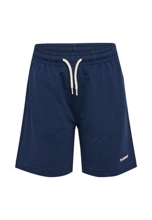Mørkeblå atletikshorts med elastisk talje og hvid snor, med "hummel" logo på nederste venstre ben.