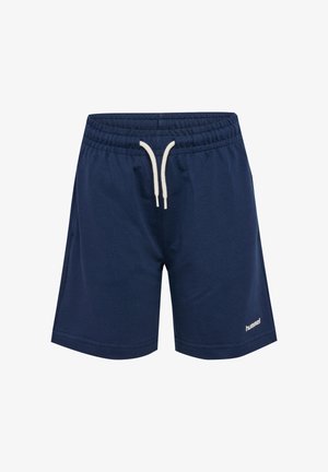 Mørkeblå atletikshorts med elastisk talje og hvid snor, med "hummel" logo på nederste venstre ben.