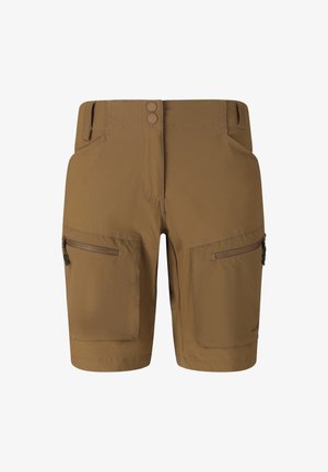 Brune shorts til knæet med lynlåslommer foran, dobbelt knaplukning i taljen, bæltestropper og en slidstærk stofstruktur.