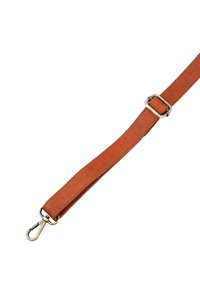 Adjustable brown leather strap with metal buckle and swivel clasp hook on a white background.