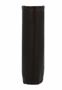 Brauner, lederner, zylindrischer Pencil Case mit strukturiertem Finish, genähtem Rand und offenem oberen Teil. Misst etwa 18 cm in der Höhe.