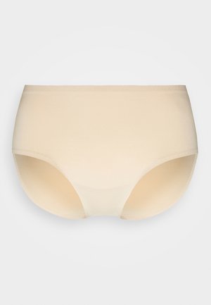 Beige women's hipster underwear made from smooth fabric, featuring a mid-rise design and elastic waistband with no visible seams.