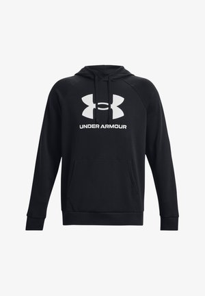 Sweat à capuche noir Under Armour avec grand logo blanc et texte sur la poitrine, poche avant, capuche avec cordon et manches longues.