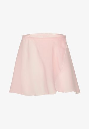 Light pink, sheer fabric skirt with a flowing design and asymmetrical hem. Features a soft texture and smooth waistband.