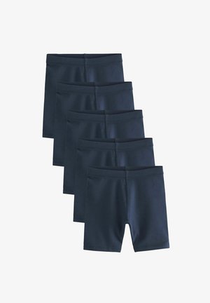 Penki tamsiai mėlyni šortai, pagaminti iš lygaus audinio, su paprastu dizainu ir elastinga juostele, tiesaus kirpimo ir be raštų.