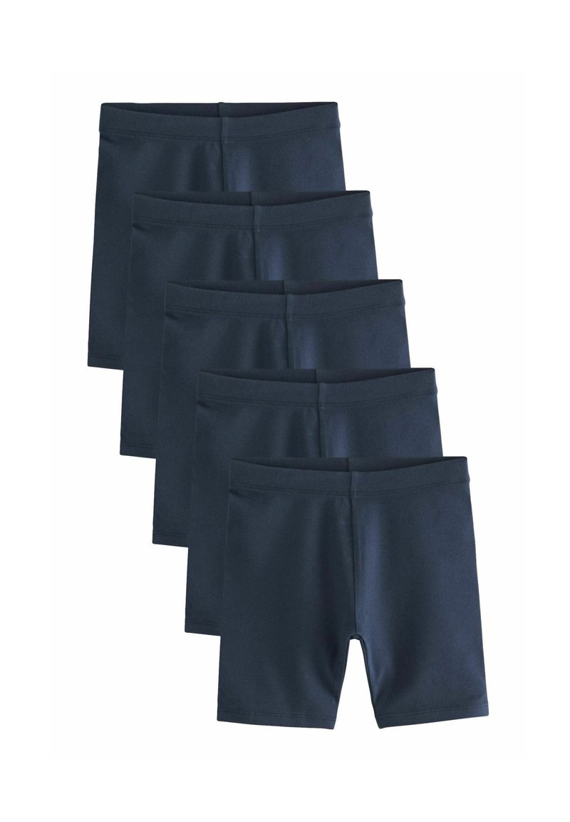 Cinque paia di pantaloni corti blu scuro, realizzati in tessuto liscio, con un design semplice e una cintura elastica, dal taglio dritto e senza motivi.
