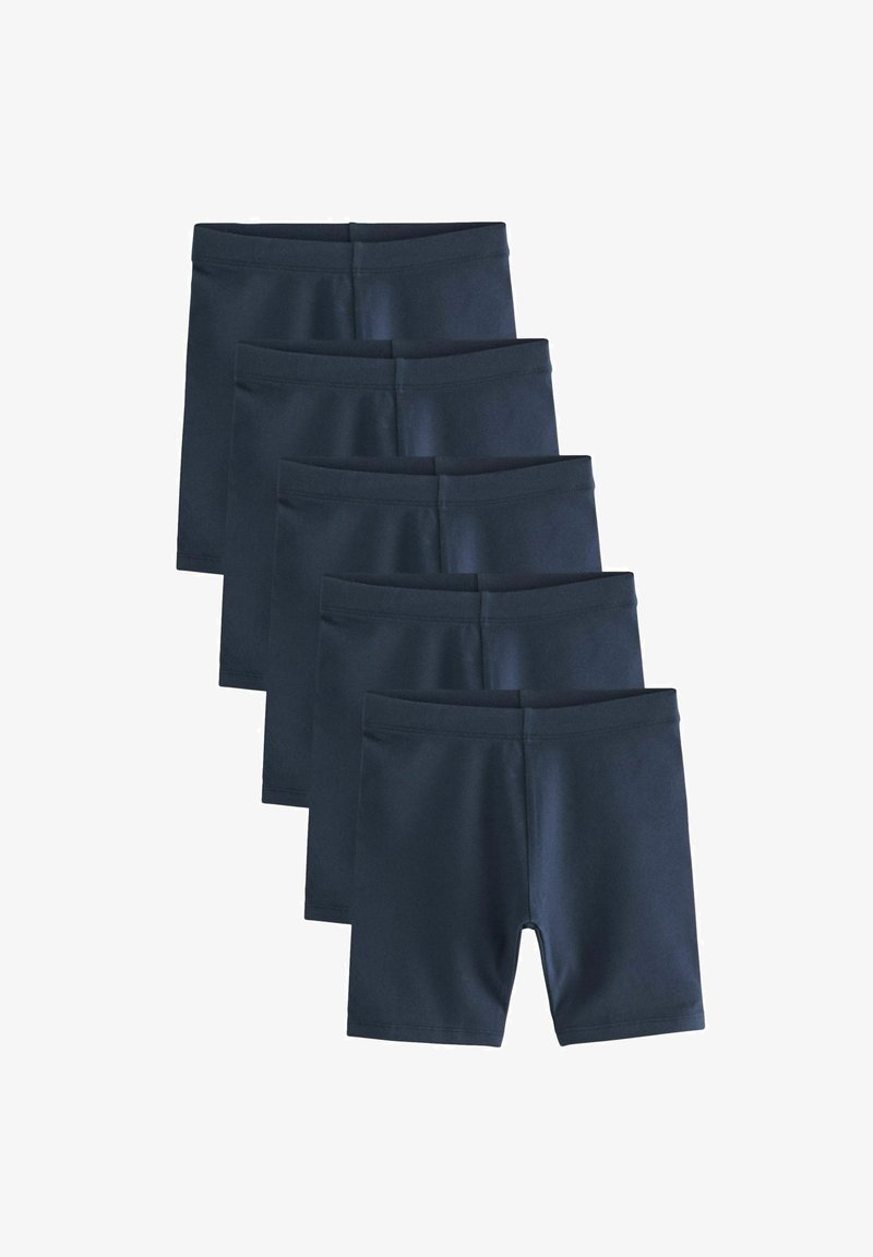 Pieci zila jūras šorti, izgatavoti no gludas auduma, ar vienkāršu dizainu un elastīgu jostu, taisna griezuma un bez rakstiem.