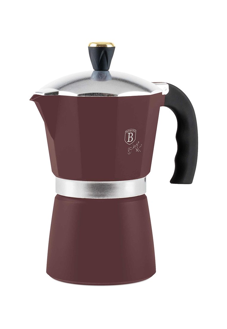 Bialetti Herdkaffeemaschine in Dunkelburgunder und Silber, mit einem schwarzen Griff, einem polierten Aluminiumdeckel und einem kompakten Design.