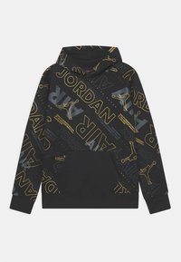 Felpa nera con cappuccio, caratterizzata da testo e loghi "JORDAN" in giallo e grigio, motivi multidirezionali, tasca frontale e polsini e orlo a coste.